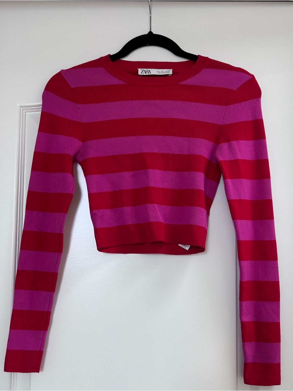 Zara Fuchsia and Red Striped Long-Sleeve Crop Top